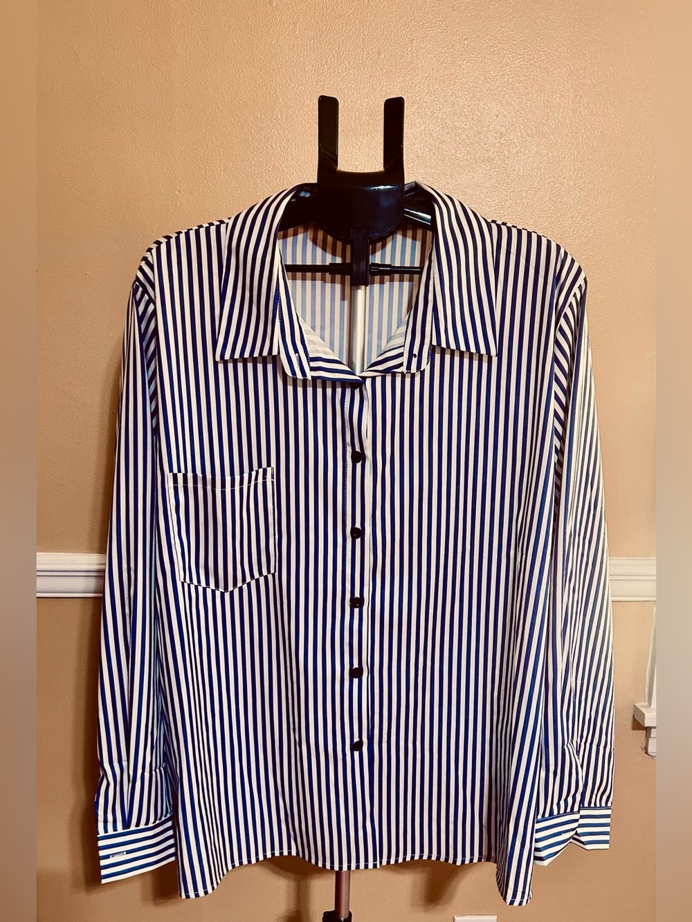 Classic Button Down Shirt Top Blouse Long Sleeve Blue White Stripe Women’s  EUC